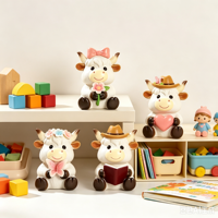 Patung Resin Anak Sapi Mini Lucu Grosir dengan Aksesoris Bunga, Buku, dan Kupu-kupu untuk Dekorasi Meja Rumah dan Kantor