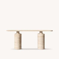 Table console scandinave haut de gamme en marbre bronze, à deux niveaux, avec bases cylindriques et bord arrondi, plateau long en forme de pilule, pour entrée, personnalisable OEM/ODM