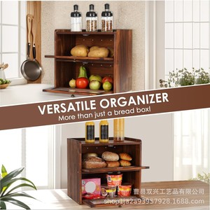 Solid Wood Double Layer Bread Box Acacia Wood Flip Top <b>Kitchen</b> Storage Rack For Pastry Dessert - Product Image 4