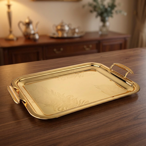 Plateau de service en acier inoxydable plaqué or de luxe, plateau décoratif en métal pour café et thé avec poignées pour la décoration du salon - Product Image 2