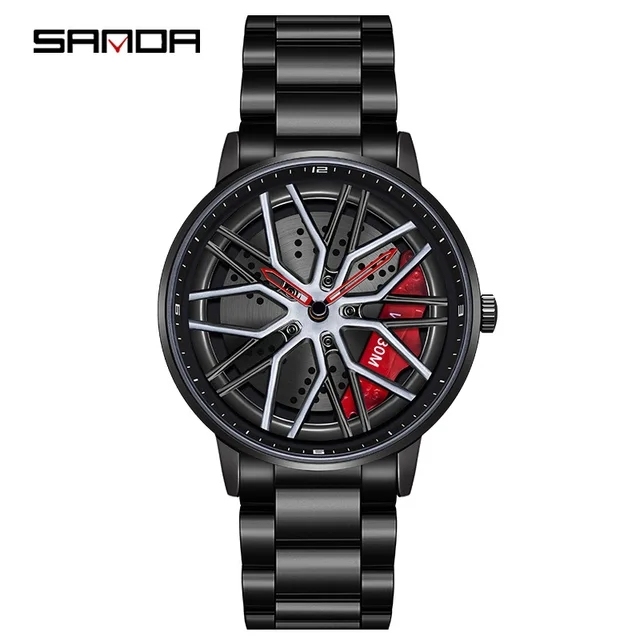 Sanda 1107 Japanese Movement Fashion Racing Car Wheel Design Wristwatch Stainless Mesh Steel Leather Men Quartz Watches