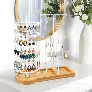 Earring And Jewelry <b>Display</b> <b>Stand</b> 5 Layers <b>Rotating</b> Desktop Organizer With Necklace Bracelet Holder Wooden Bamboo Base - Product Image 2