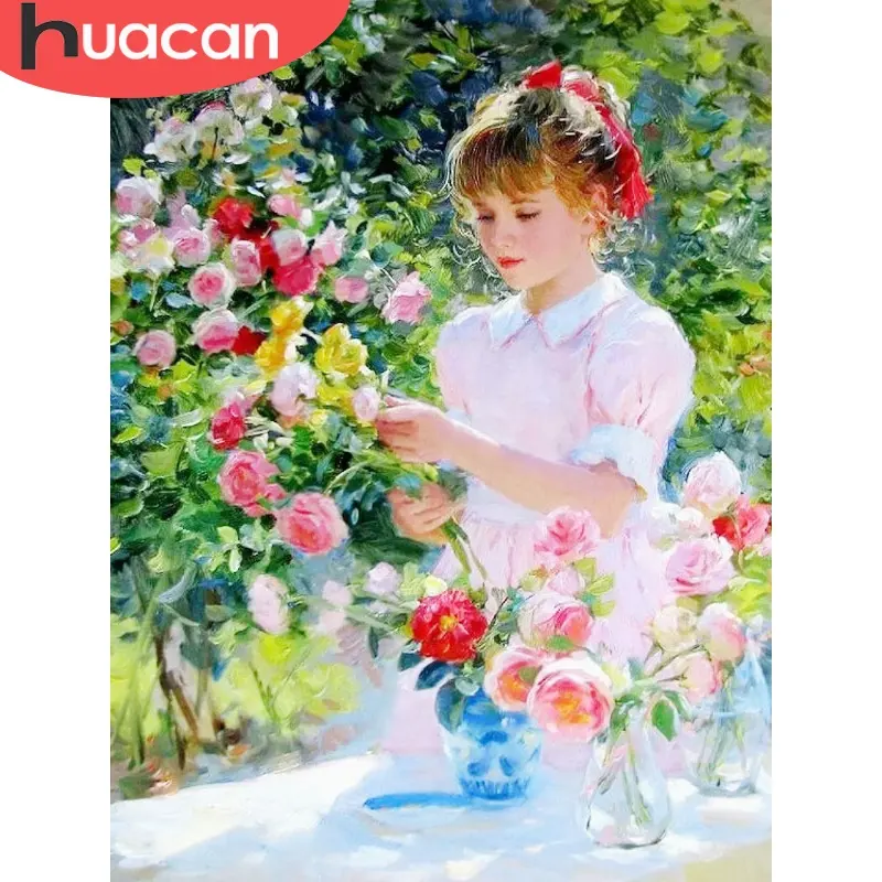 숫자로 HUACAN 그림 성인용 꽃 소녀 프레임 페인트 캔버스에 그림 유성 페인트 숫자 그림으로 DIY 선물 홈 장식