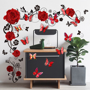 Adesivo murale fiore rosa rosa Plus 3D <span class=keywords><strong>farfalla</strong></span> rossa 12 adesivo da parete decorativo - Product Image 1