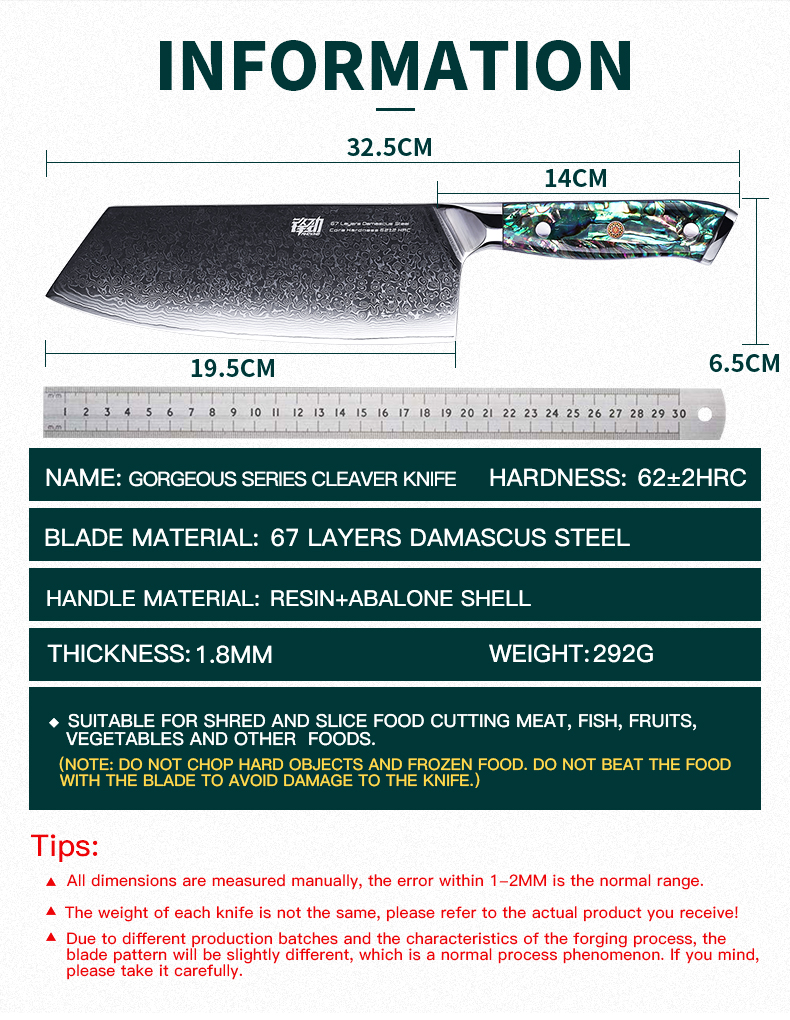FINDKING Gorgeous Series 67 Layers Damascus Steel Kitchen Knives Abalone Resin Handle Professional Butcher Meat Cleaver Knife