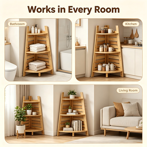 Scaffale angolare a 3 livelli in bambù naturale <span class=keywords><strong>salvaspazio</strong></span> per il <span class=keywords><strong>bagno</strong></span>, con design a doghe ventilate per articoli da toeletta e decorazioni. - Product Image 3