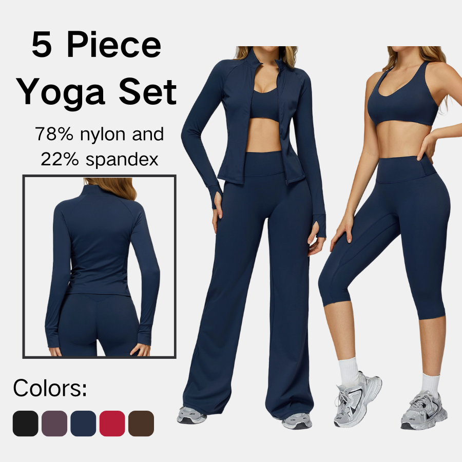 Women 5 Piece Yoga Set Stand Collar Jacket Square Neck Tank Backless Bra Wide Leg Pants Capri Leggings Brushed Fabric