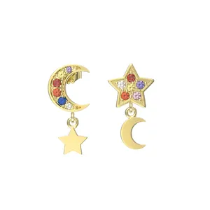EQE92 RINTIN hypoallergenic Dropshipping 925 Silver Colorful CZ Stud 14K Gold Plated Moon And Star Modern Ladies Earrings