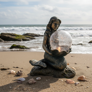 รูปแกะสลักนางเงือกโพลีเรซินสำหรับตกแต่งสนามหญ้าสวน,ทำจากเรซิ่นพร้อมลูกบอลแก้วพลังงานแสงอาทิตย์ - Product Image 1