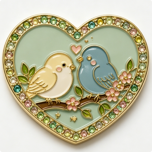 Heart-Shaped Gold-Plated Metal Enamel <b>Pin</b> With Love Birds And Flowers For Valentine'S Day - Product Image 3