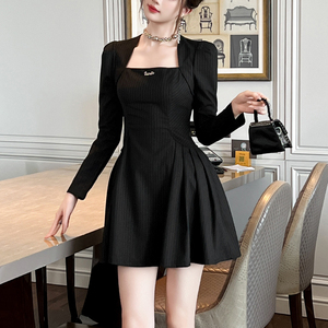 ZYHT 21523 la nuova moda una linea nera a <span class=keywords><strong>maniche</strong></span> <span class=keywords><strong>lunghe</strong></span> abbigliamento a righe Mini abiti invernali coreani per le donne - Product Image 1