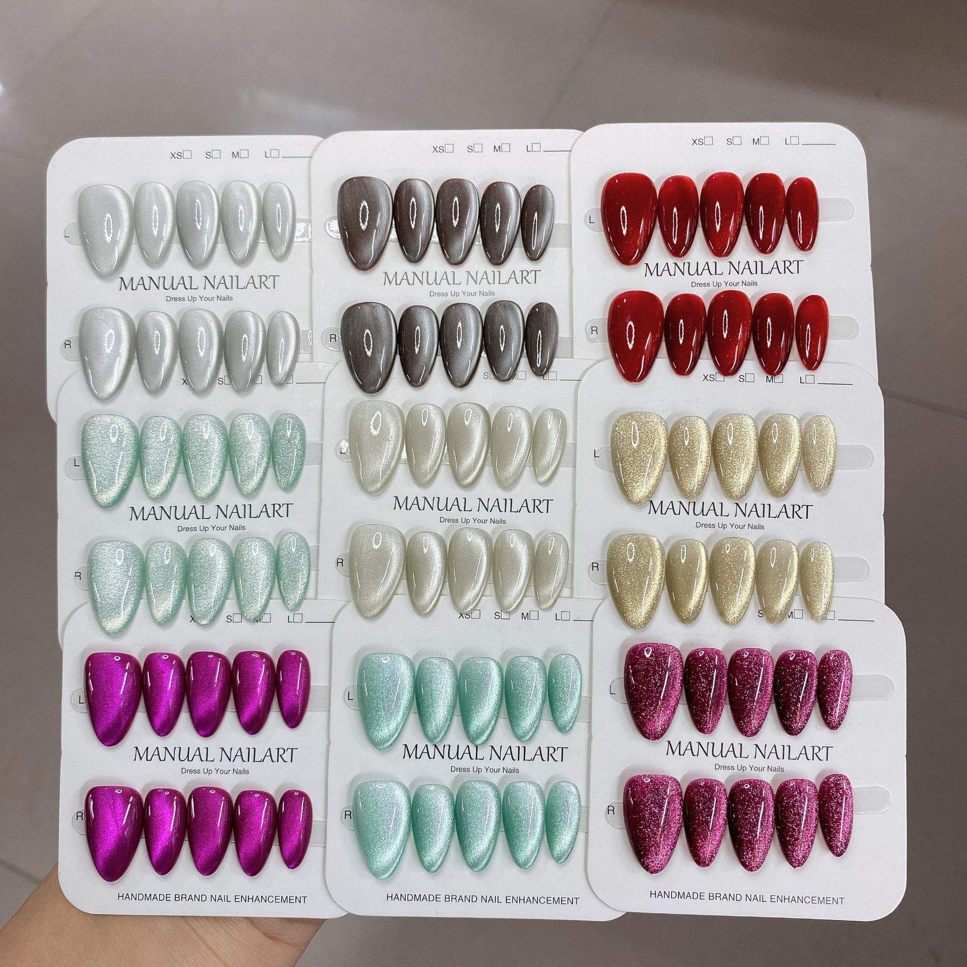 TSZS Wholesale Price Sparkling Cat Eye Pure Handmade Press on Nail 10Pcs Multi-Color Almond Shape Wearable Nail Fake Nails