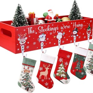 Wooden Box <b>Rack</b> With Stocking Hooks For Christmas Decorations Single Layer Classic Style Home Display Shelf - Product Image 5