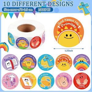 Autocollants religieux pour enfants, symboles chrétiens, étiquettes en rouleau, sourires assortis, autocollants Jésus, croix chrétienne, Bible, cœurs - Product Image 4