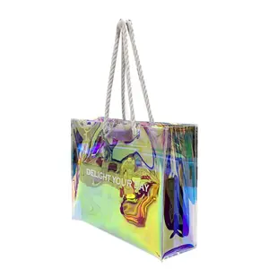 Most Popular Fashion Beach Accept Shiny Reusable Hologram Clear Laser Pvc Transparent Tote Shopping Bag