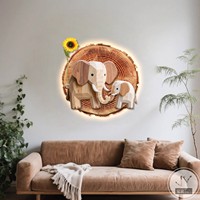 Peinture murale décorative en gros, motif animal de dessin animé en porcelaine cristalline 3D, éléphant haute résolution sur base en bois