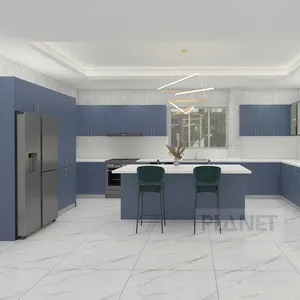 Modern Large U Shape Design Glass Door Blue Kitchen Cupboard Center Kitchen Island For Villa