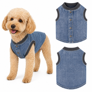 Chaleco de mezclilla lavada sin mangas con cuello acanalado para perro, ropa para mascotas OEM, chaleco con broche metálico y etiqueta en blanco - Product Image 1