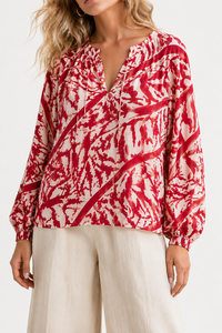 Chemisier ample <span class=keywords><strong>pour</strong></span> femme en 100% Ramie, imprimé abstrait rouge, col en V, manches ballon, style bohème décontracté, hauts d'été - Product Image 2