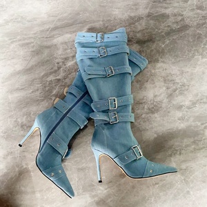 Belt Buckles Women Knee High Boots Metal Slim Heeled Denim Long <b>Booties</b> Sexy Punk Blue Stiletto Dress Shoes - Product Image 5