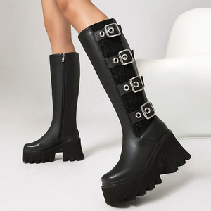 Metal Buckles Chunky Heels Women <b>Knee</b> <b>High</b> Boots Thick Sole Square Toe Long Booties Side Zipper Platform Lace Patchwork Shoes - Product Image 2