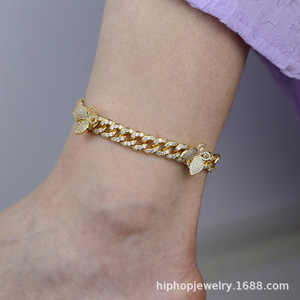 Chaîne de cheville cubaine en zircon glacé avec motif feuille pour femme - Plaqué or/or rose, réglable, inaltérable, bijou de mode pour le quotidien et les soirées - Product Image 3