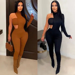 New Sexy Ribbed Ladies One Sleeve Semihigh Collar Spring Autumn One Piece Playsuit with Bandeau Bra Jumpsuit For Women 2023