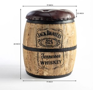 <b>Vintage</b> Leather & Mango Wood Barrel Pouf <b>Stool</b> - Product Image 3