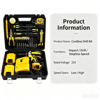 Boîte à outils de réparation domestique tout-en-un, kit perceuse électrique sans fil 21V, 2 batteries, chargeur rapide, embouts de perçage, douilles, pinces, OEM
