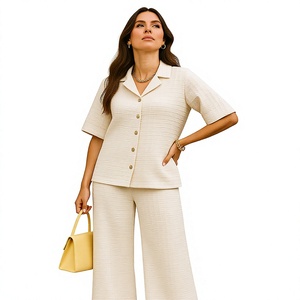 Conjunto de 2 Piezas para Mujer, Blazer de Manga Corta y Pantalones Anchos de Color Sólido, Estilo Casual para Primavera/Verano, Corte Holgado, Cuello Camisero - Product Image 1