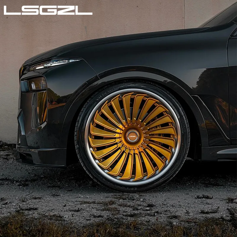 LSGZL custom 2 piece forged wheel 20 22 24 26 inch wheel gold spokes 5x130 5x114.3 5x120 passenger car wheels for bmw benz audi