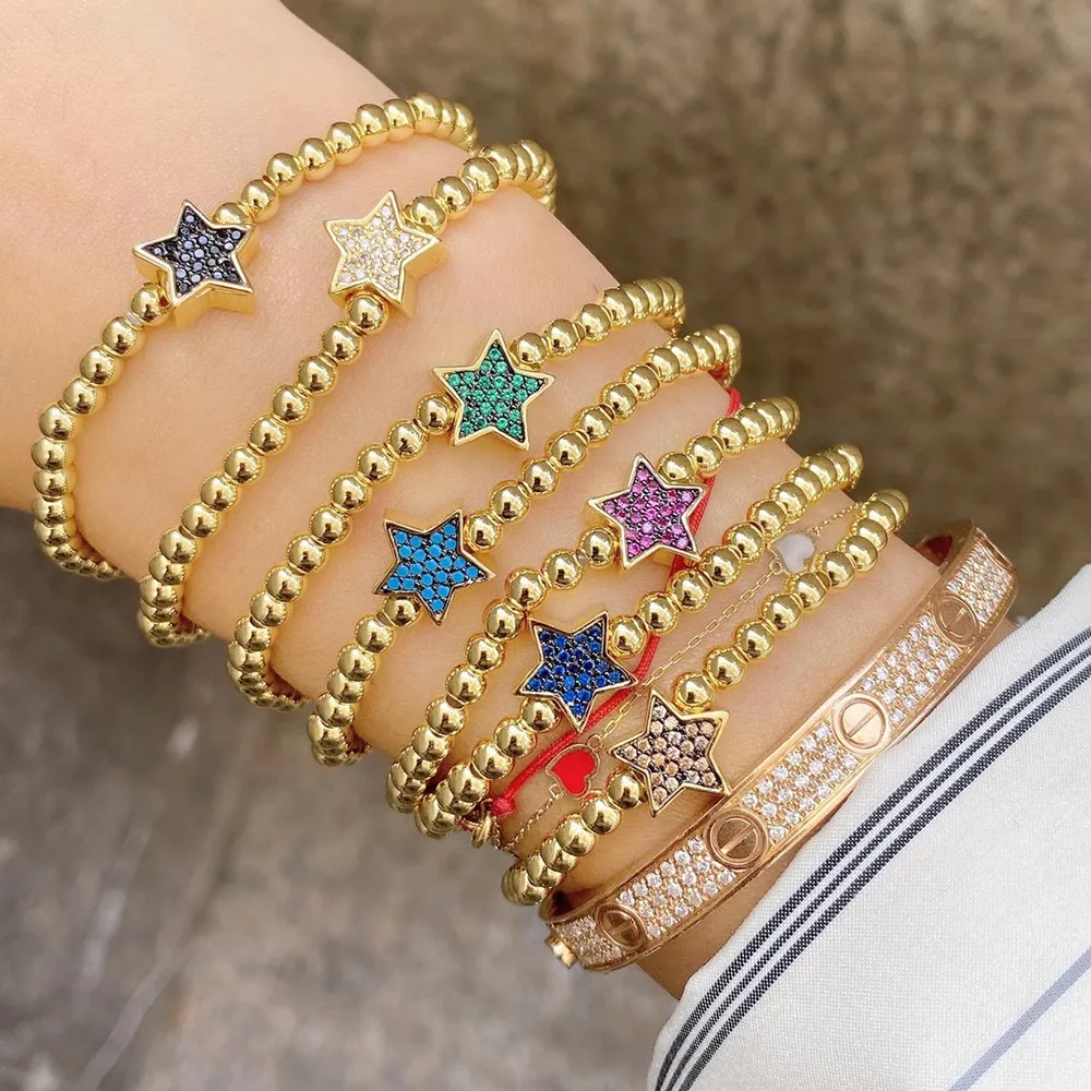 Venta al por mayor hecho a mano de cobre chapado en oro de pulsera CZ Star encantos de corazón de cuerda elástica pulseras