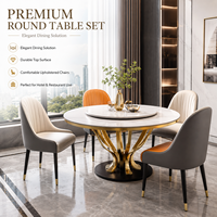 Ensemble de table à manger ronde de luxe moderne avec plateau en marbre et piédestal doré, 4 chaises, vente en gros pour hôtels et restaurants, directement de l'usine, sur mesure
