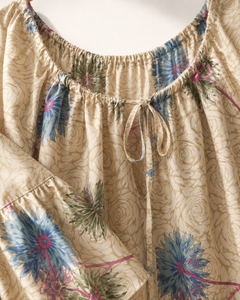 Vintage Floral Silk Bell Sleeve <b>off</b> <b>Shoulder</b> Crop <b>Top</b> <b>with</b> Adjustable Drawstring Neck and <b>Ruffles</b> - Product Image 4