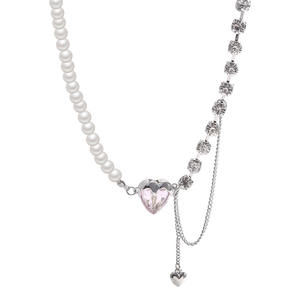 Collar de amor de cristal rosa de acero de titanio, nicho de lujo ligero de alta calidad, con costuras - Product Image 5