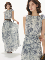 Anpassbares Kleid mit norwegischem Wald-Print aus Chiffon, ärmellos, mit Stehkragen, Trägern, Plissee, hoher Taille, elegant, lang, Vintage-Stil B32