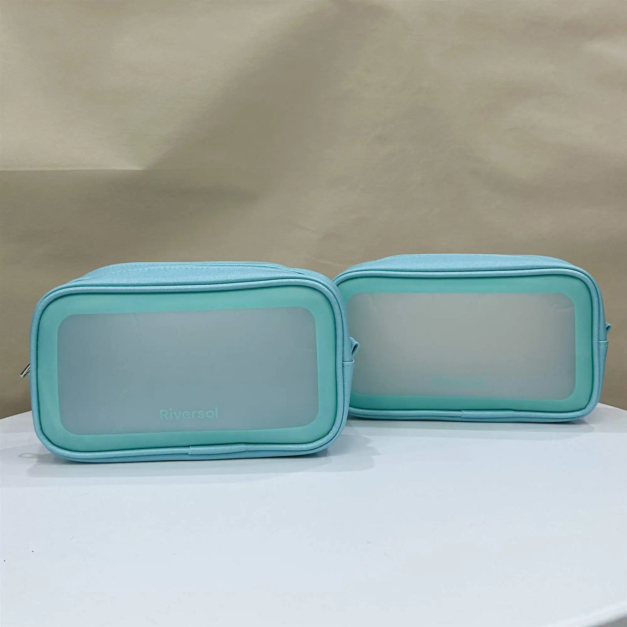 Tambah logo PVC tas Makeup kulit PU biru pirus tas kosmetik tahan air paket perawatan kulit tas perjalanan