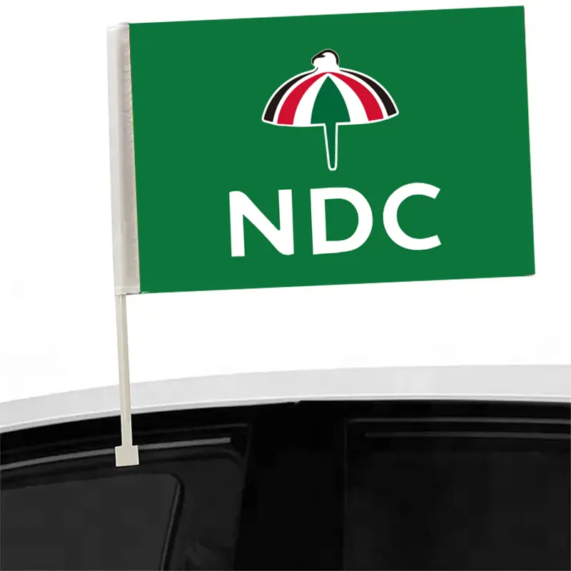 Huiyi ธงซัพพลายเออร์ชั้นนําสําหรับหน้าต่างรถยนต์จีนราคาถูก 100% โพลีเอสเตอร์กานา NDC ธงหน้าต่างรถยนต์พร้อมฐาน