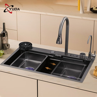Évier de Cuisine Intelligent avec Cascade et Affichage Numérique LED, en Acier Inoxydable 304 Noir Nano, avec Lave-Verre Intégré