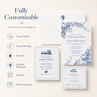 Suite d'invitations de mariage personnalisées en carton bleu floral avec enveloppe assortie laminée film UV, carte de date et carte RSVP imprimées