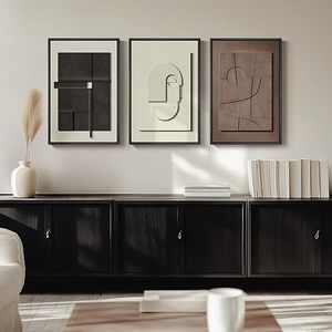 Arte Mural Moderno Abstracto 3D con Textura Geométrica de Arenisca, Enmarcado, Pintado a Mano, Ecológico, en Negro, Blanco y Marrón, para Sala de Estar - Product Image 3