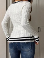 Pulls pour femmes, style vintage, tricot torsadé rayé 3D, printemps, 100% coton, style preppy, col en V, manches longues, coupe ajustée