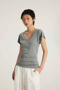 <span class=keywords><strong>T</strong></span>-<span class=keywords><strong>shirt</strong></span> décontracté <span class=keywords><strong>gris</strong></span> uni vintage à col en V pour <span class=keywords><strong>femme</strong></span>, coupe ajustée, en coton/élasthanne respirant et extensible, vente en gros OEM - Product Image 5