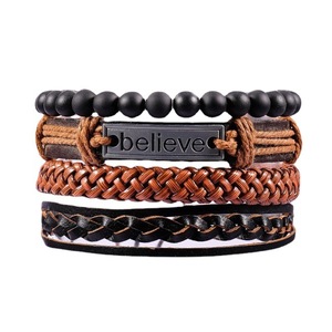 MG7 4 pièces/ensemble Bracelets en <span class=keywords><strong>cuir</strong></span> tressé pour hommes - Vintage, Believe, Perles en <span class=keywords><strong>bois</strong></span> Poignet Noir Brun - Product Image 1