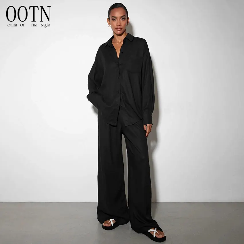 OOTN 2023 आकस्मिक 2 टुकड़ा पंत सेट महिलाओं ढीला लंबी आस्तीन ब्लाउज मिलान विस्तृत पतलून सूट सुरुचिपूर्ण गर्मियों शर्ट पैंट सेट