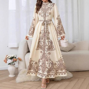 Vestido Largo Retro Estampado WD635, Cuello Alto, Manga Farol, Largo a la Cintura, Tejido Informal, Estilo Palacio para Primavera y Otoño - Product Image 1