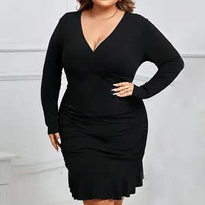 Offre Spéciale dames col en v noir à volants à manches longues vestido elegante vêtements pour femmes grande taille robes sexy