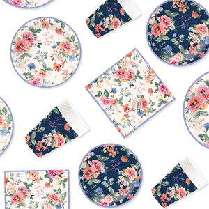 DAMAI - Juego de Vajilla Desechable de Papel con Diseño Floral Estilo Chino, Platos Redondos para Postre y Cena, Servilletas y Vasos, Artículos para Fiestas - Product Image 4