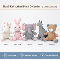 Vente en gros de jouets en peluche tricotés au crochet : lapin, éléphant, dinosaure, licorne, ours. Cadeaux mignons. Fournisseurs OEM ODM avec logo personnalisé.