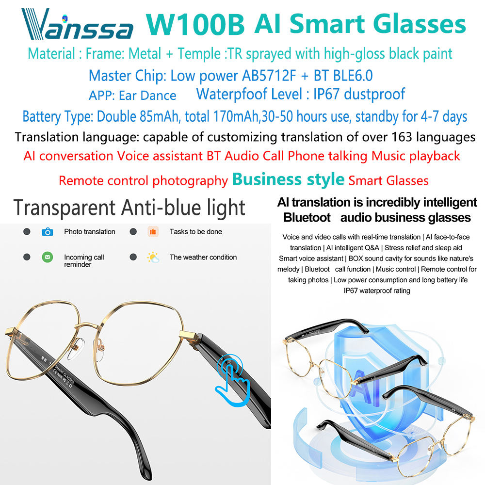 W100B-Transparent anti-Luz Azul AI-smart-glasses-translator